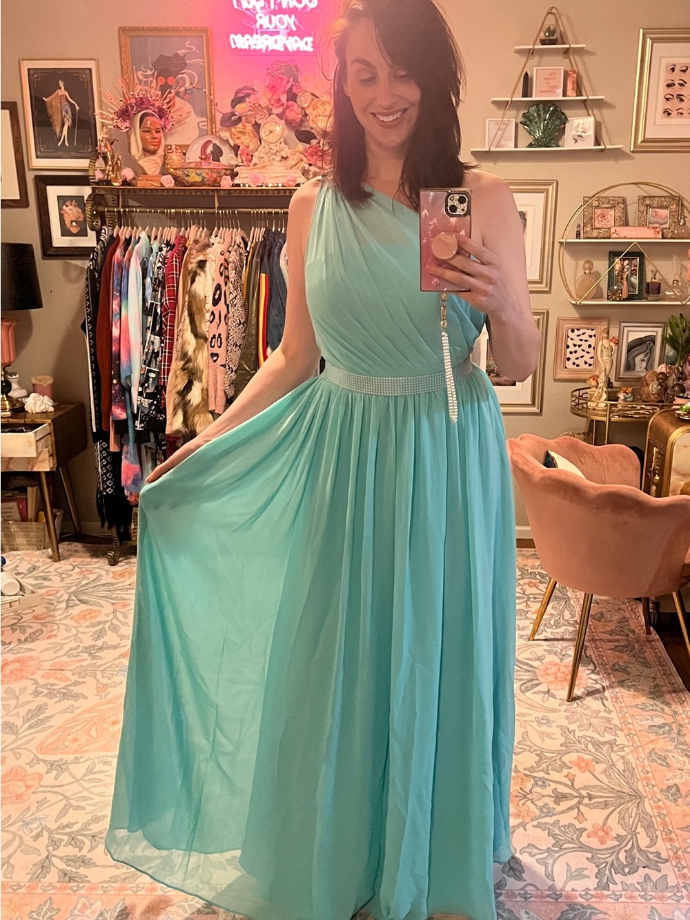 JJs House Aqua One-Shoulder Maxi Gown